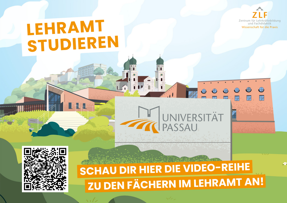 Titelbild der Videoreihe zum Lehramt an der Universität Passau mit der Aufschrift: "Lehramt studieren - Schau dir hier die Video-Reihe zu den Fächern im Lehramt an"