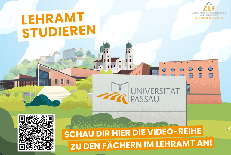 Titelbild der Videoreihe zum Lehramt an der Universit&auml;t Passau mit der Aufschrift: "Lehramt studieren - Schau dir hier die Video-Reihe zu den F&auml;chern im Lehramt an"