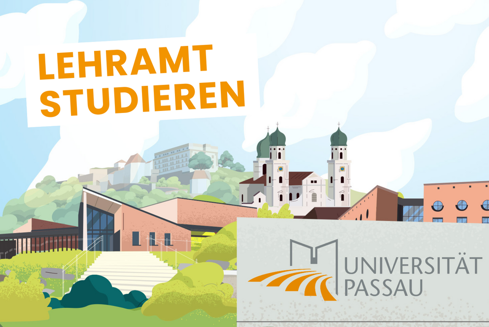 Titelbild der Videoreihe zum Lehramt an der Universit&auml;t Passau mit der Aufschrift: "Lehramt studieren - Schau dir hier die Video-Reihe zu den F&auml;chern im Lehramt an"