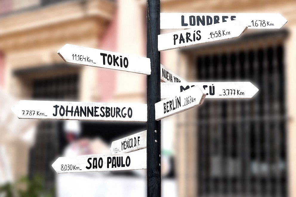 Bild von Wegweisern mit Schildern verschiedener europäischer Hauptstädte