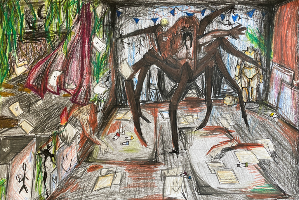 Hier sehen sie den Sieger der 5-9. Klasse. Das Kunstwerk "Handdrawn Futures. Kunstlehrkraft am Limit" von Martina Ormeo Reyes aus der 8c der ThG München.