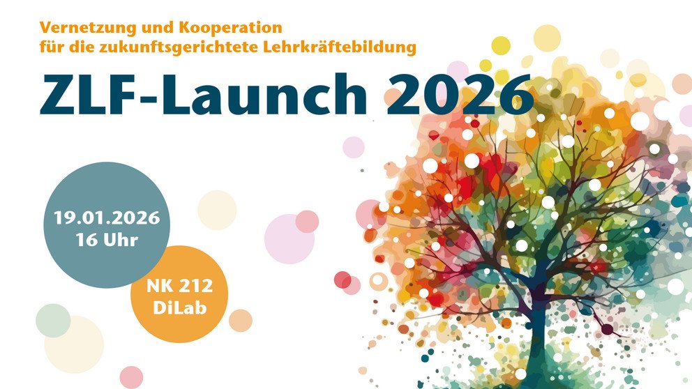 Zu sehen ist das Banner der Veranstaltung "ZLF-Launch" mit der &Uuml;berschrift ZLF-Launch 2026 in einer dunkelblauen Farbe und den Daten der Veranstaltung. Diese findet am 19.01.2026 um 16 Uhr im DiLab Klassenzimmer der Universit&auml;t Passau statt.