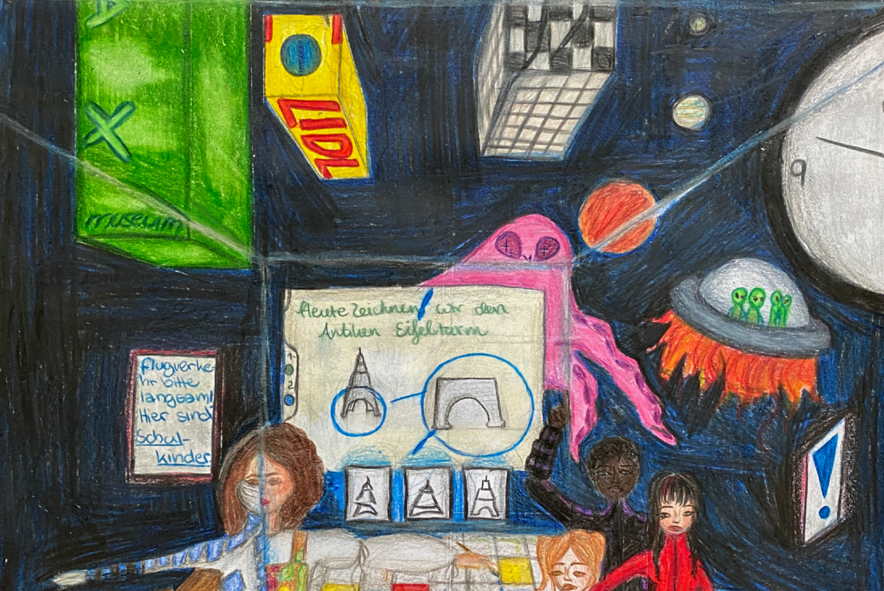 Martina Ormeo Reyes, 8c, Theresiengymnasium M&uuml;nchen, Kunstwerk "Handdrawn Futures. Kunstunterricht der Zukunft" (Treppenhaus 1./2. Stock)