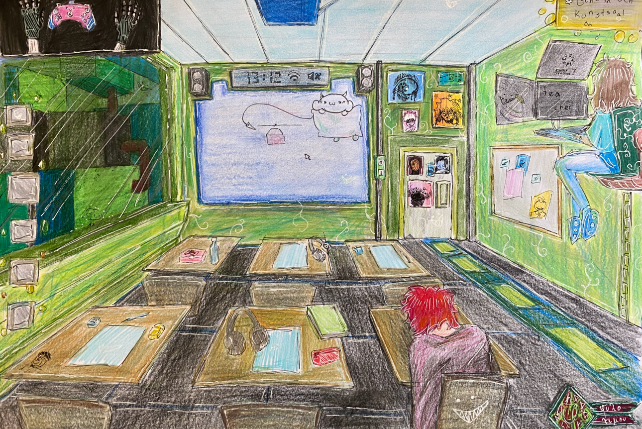 Philomena Hausberger, 8c, Theresiengymnasium M&uuml;nchen, Kunstwerk "Handdrawn Futures. Kunstlernen der Zukunft" (Treppenhaus 1./2. Stock)