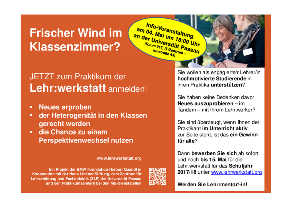 Flyer zum Bewerbungszeitraum 2018/19 für die Lehr:werkstatt, inklusive Ankündigung von Informationsveranstaltung Flyer zum Bewerbungszeitraum 2018/19 für die Lehr:werkstatt, inklusive Ankündigung von Informationsveranstaltung
