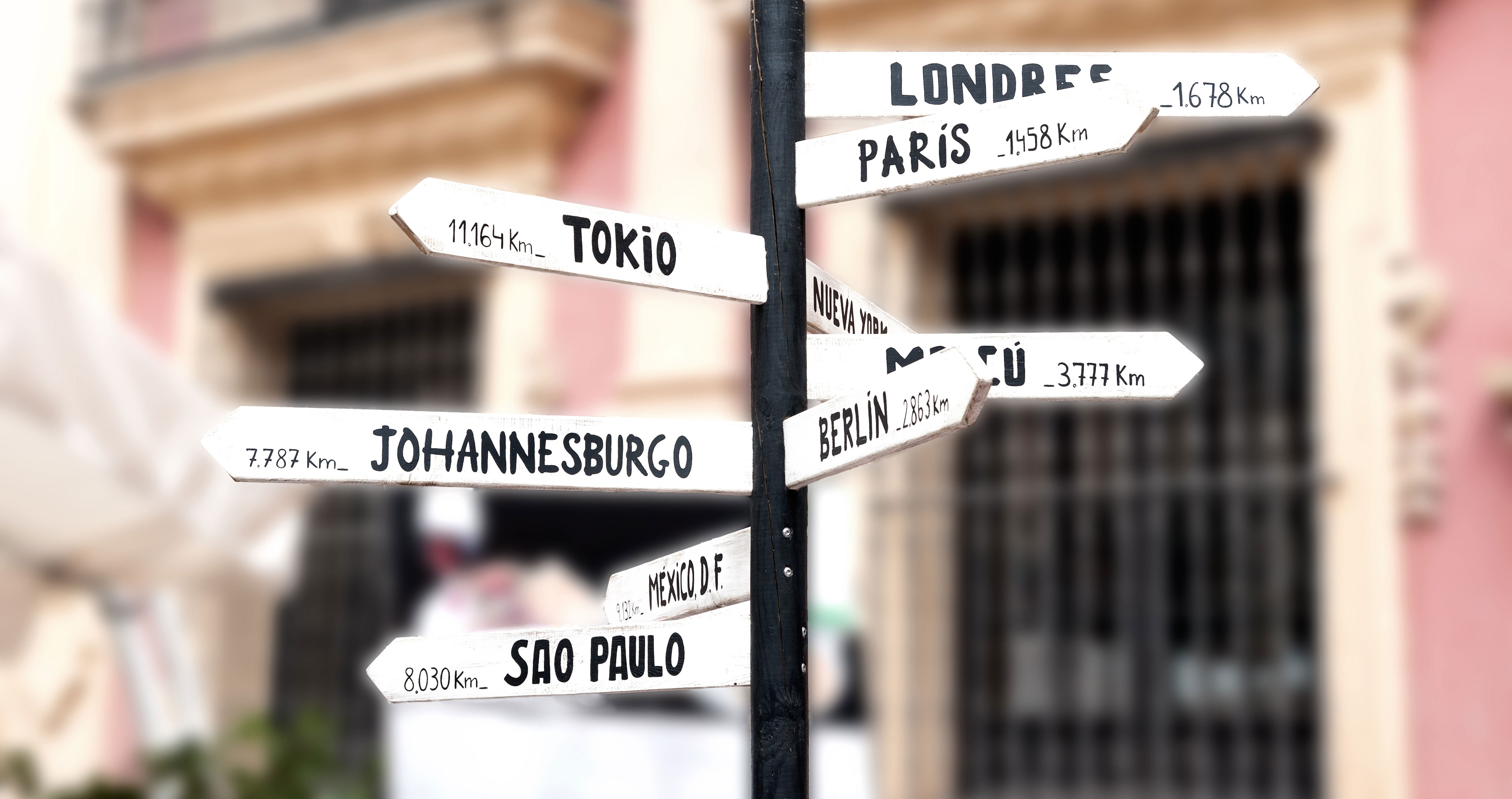 Auf dem Bild sind 2 nebeneinander stehende Wegweiser zu sehen, an denen Richtungsschilder zu verschiedenen europäischen Hauptstädten angebracht sind (unter anderem Berlin, Paris, Amsterdam, Helsiniki, Kopenhagen, Dublin, Stockholm, Madrid, Lissabon).