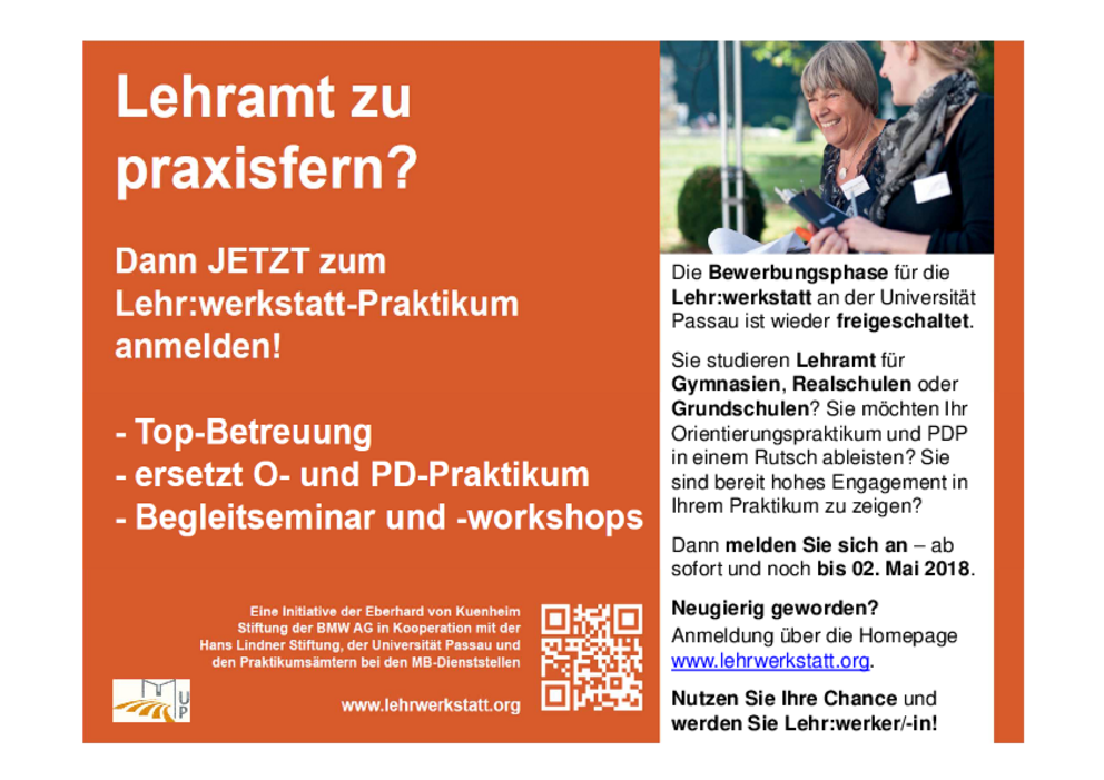 Flyer zum Bewerbungszeitraum 2018/19 für die Lehr:werkstatt (für Studierende)