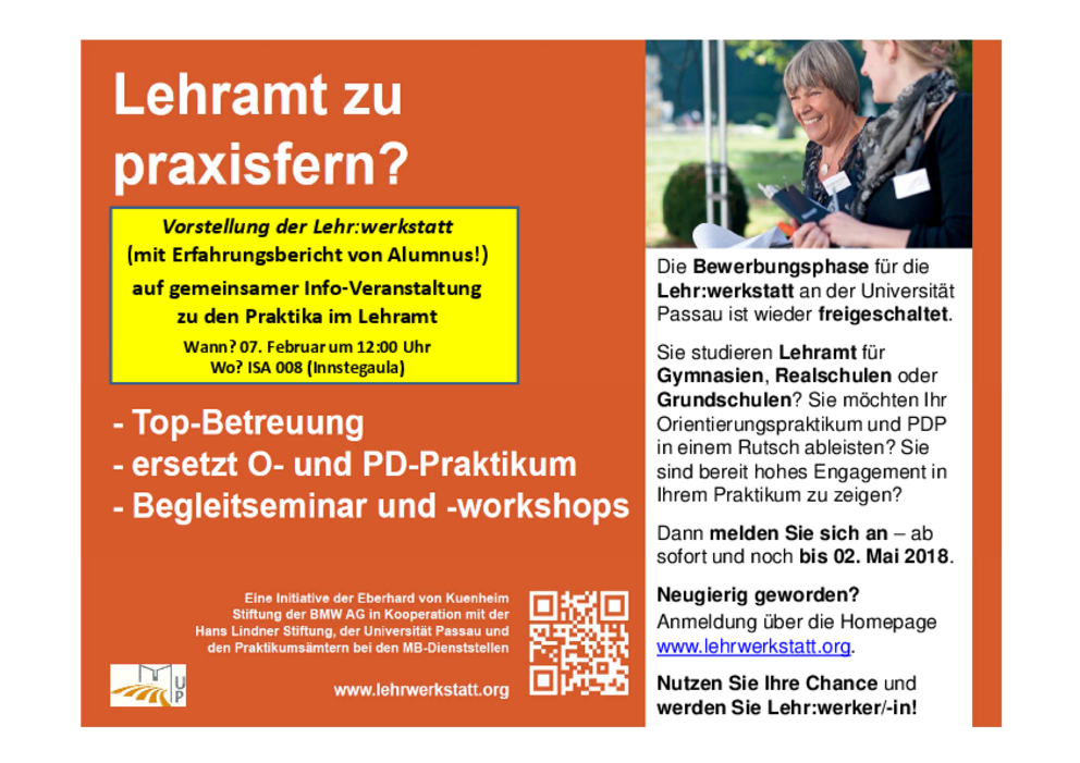 Flyer zum Bewerbungszeitraum 2018/19 für die Lehr:werkstatt. Inklusive Ankündigung von Termin von zentraler Praktika-Infoveranstaltung am 07.02.2018 mit Vorstellung von der und Erfahrungsbericht zur Lehr:werkstatt. 