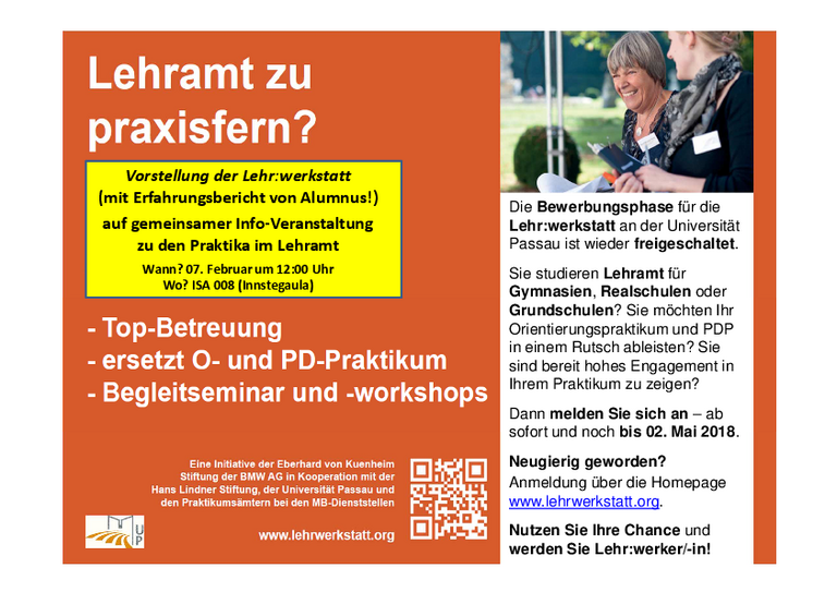 Flyer zum Bewerbungszeitraum 2018/19 für die Lehr:werkstatt. Inklusive Ankündigung von Termin von zentraler Praktika-Infoveranstaltung am 07.02.2018 mit Vorstellung von der und Erfahrungsbericht zur Lehr:werkstatt. 