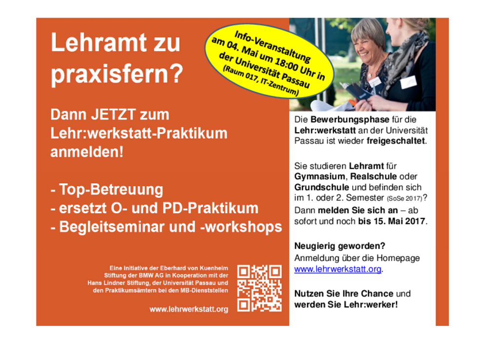 Flyer zum Bewerbungszeitraum 2018/19 für die Lehr:werkstatt. Inklusive Ankündigung von Termin von Infoveranstaltung zur Lehr:werkstatt am 04.05.2018 mit Erfahrungsbericht zur Lehr:werkstatt. 